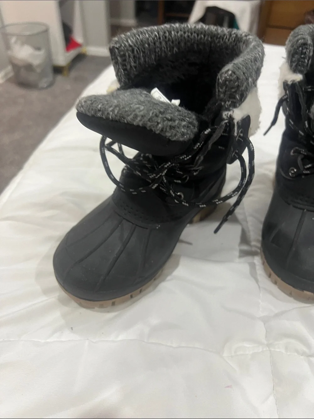 Boys Black Winter Duck Boots with Grey Fleece Lining